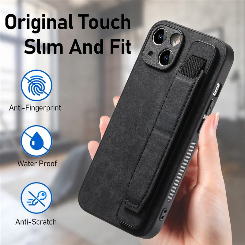 D11 For iPhone 13 6.1 inch Case PU Leather+TPU Wristband Kickstand Phone Cover - Black