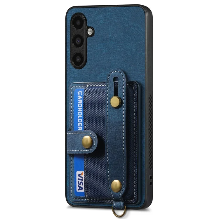Étui D9 pour Samsung Galaxy A35 5G avec porte-poignet, fentes pour cartes et revêtement en cuir PC+TPU - Bleu