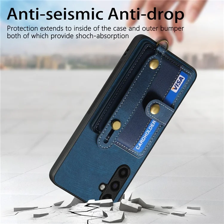 Étui D9 pour Samsung Galaxy A35 5G avec porte-poignet, fentes pour cartes et revêtement en cuir PC+TPU - Bleu