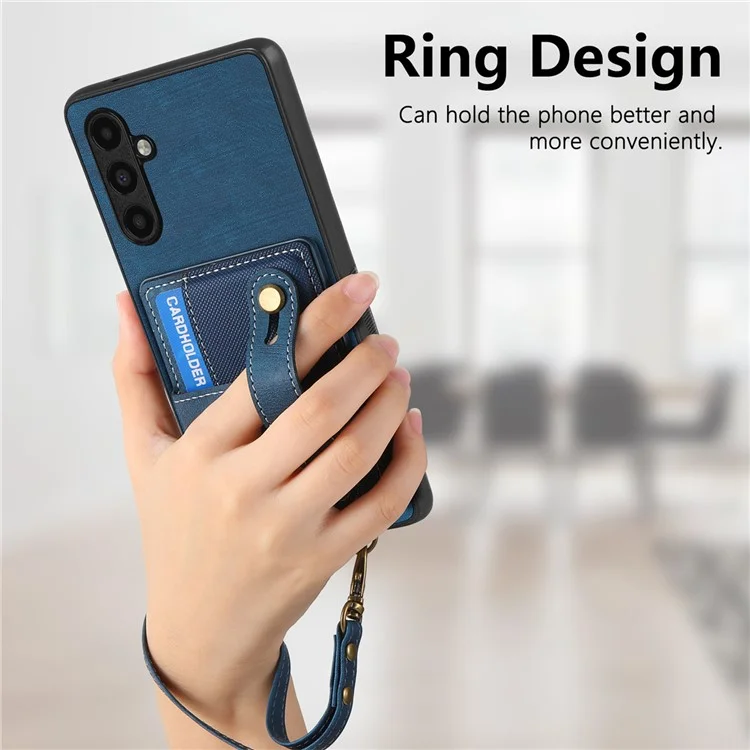 Étui D9 pour Samsung Galaxy A35 5G avec porte-poignet, fentes pour cartes et revêtement en cuir PC+TPU - Bleu