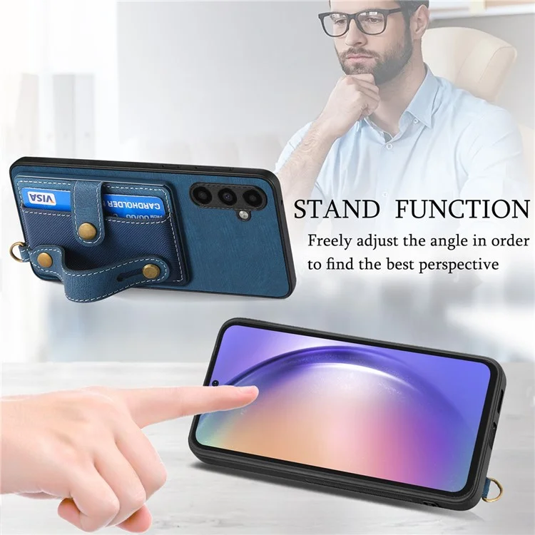 Étui D9 pour Samsung Galaxy A35 5G avec porte-poignet, fentes pour cartes et revêtement en cuir PC+TPU - Bleu