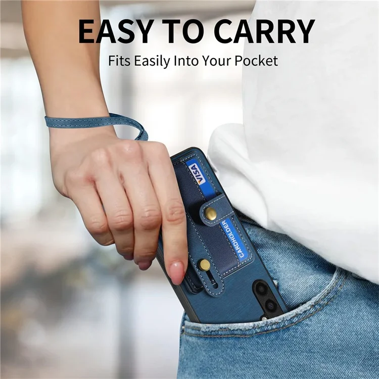 Étui D9 pour Samsung Galaxy A35 5G avec porte-poignet, fentes pour cartes et revêtement en cuir PC+TPU - Bleu