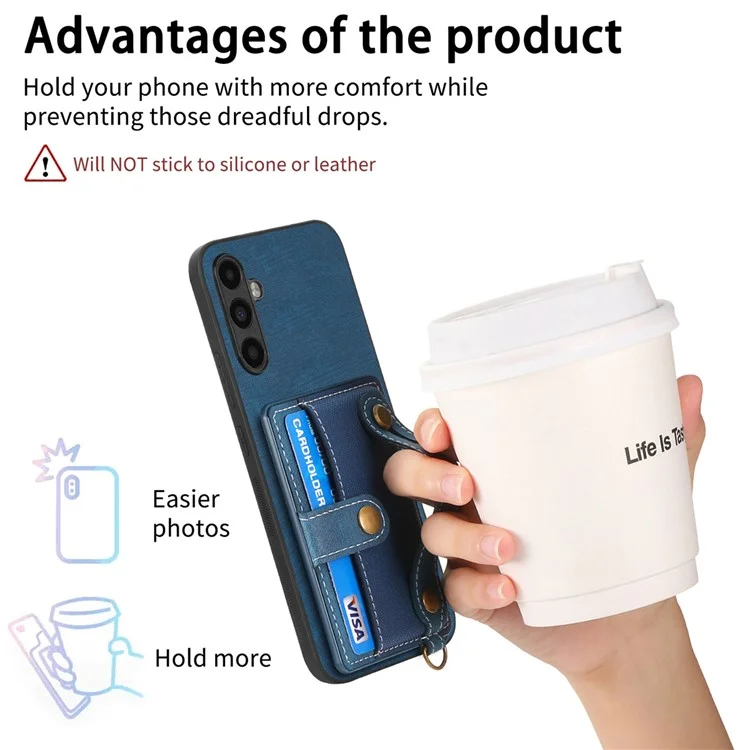 Étui D9 pour Samsung Galaxy A35 5G avec porte-poignet, fentes pour cartes et revêtement en cuir PC+TPU - Bleu