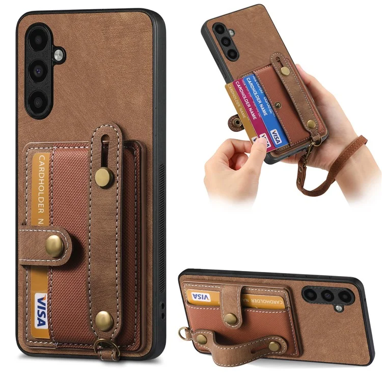 D9 Para Samsung Galaxy S23 FE Case de Porta-Cartões de Couro + TPU + PC Capa Traseira do Telefone - Marrom