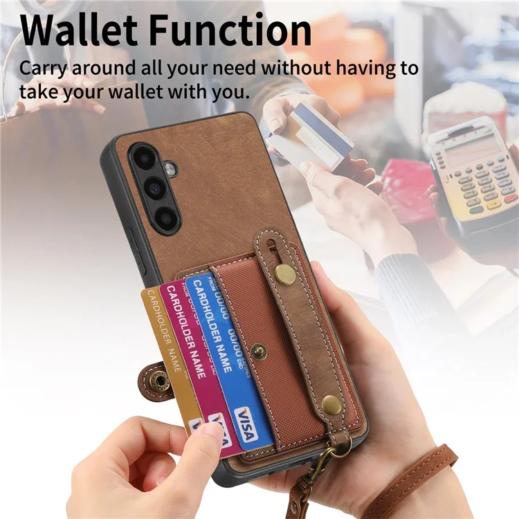 D9 Para Samsung Galaxy S23 FE Case de Porta-Cartões de Couro + TPU + PC Capa Traseira do Telefone - Marrom