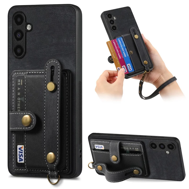 D9 For Samsung Galaxy A54 5G Case Wristband Finger Holder PU Leather Coated PC+TPU Phone Cover - Black