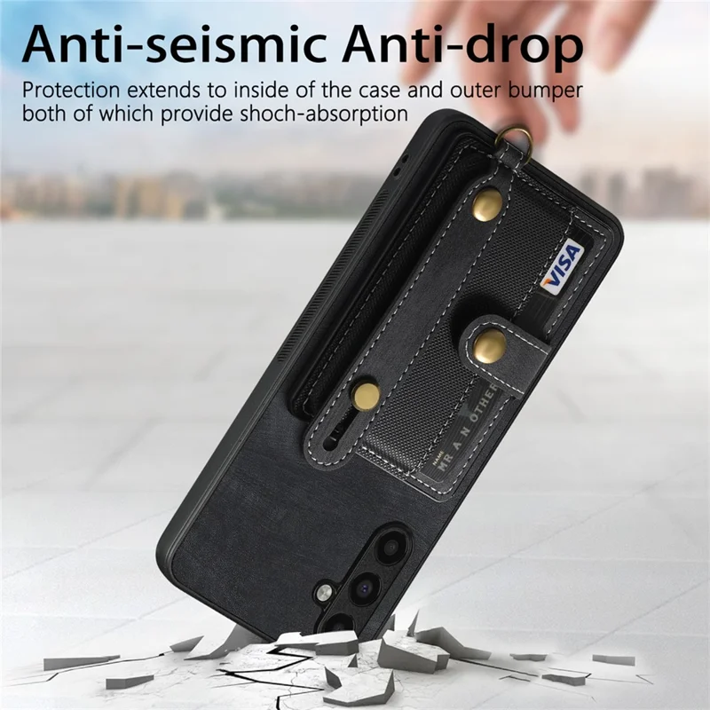 D9 For Samsung Galaxy A54 5G Case Wristband Finger Holder PU Leather Coated PC+TPU Phone Cover - Black