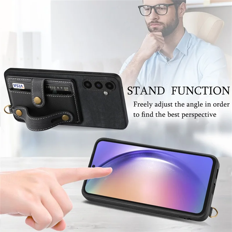 D9 For Samsung Galaxy A54 5G Case Wristband Finger Holder PU Leather Coated PC+TPU Phone Cover - Black