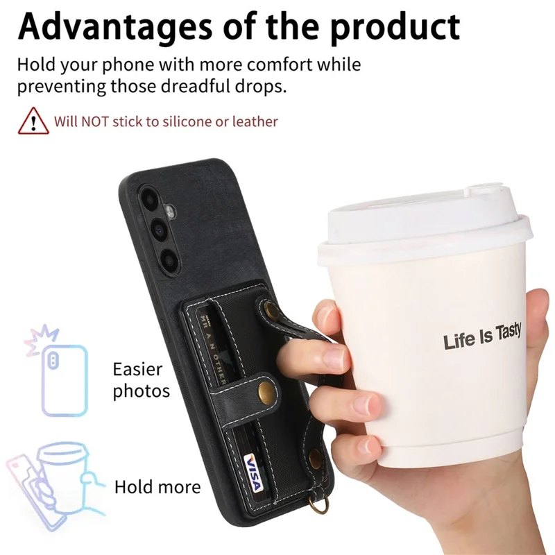 D9 For Samsung Galaxy A54 5G Case Wristband Finger Holder PU Leather Coated PC+TPU Phone Cover - Black