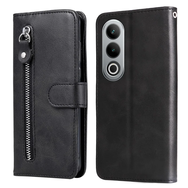 For OnePlus Ace 3V 5G Case Zipper Pocket Calf Texture Leather Folio Wallet Phone Cover - Black
