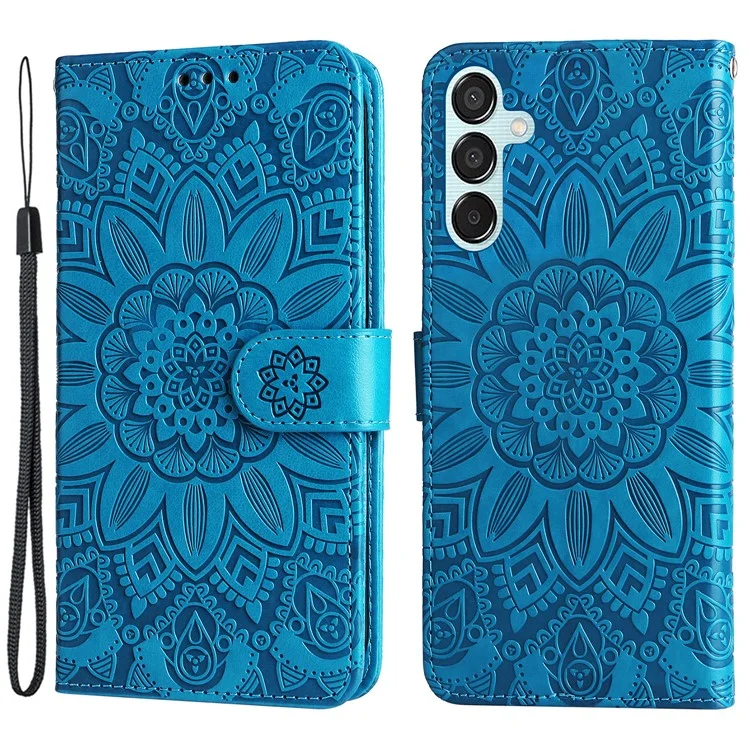 Per Samsung Galaxy M15 5G / F15 5G Custodia in pelle PU con motivo a girasole, porta carte e supporto per telefono - Blu