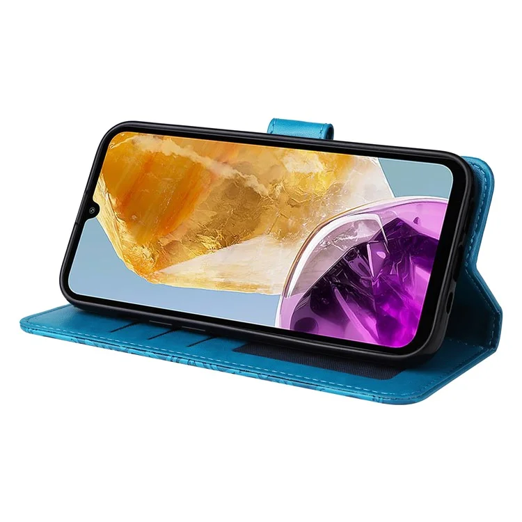 Per Samsung Galaxy M15 5G / F15 5G Custodia in pelle PU con motivo a girasole, porta carte e supporto per telefono - Blu