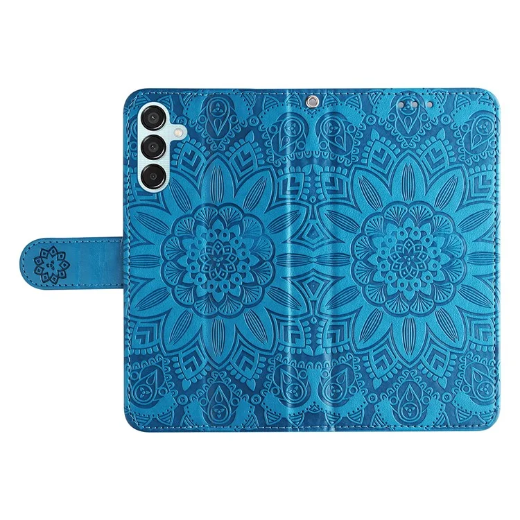 Per Samsung Galaxy M15 5G / F15 5G Custodia in pelle PU con motivo a girasole, porta carte e supporto per telefono - Blu