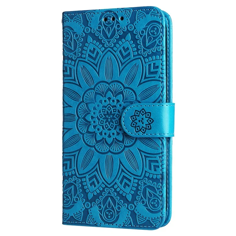 Per Samsung Galaxy M15 5G / F15 5G Custodia in pelle PU con motivo a girasole, porta carte e supporto per telefono - Blu