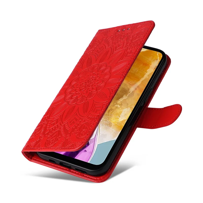 For Samsung Galaxy M15 5G / F15 5G PU Leather Phone Case Imprinted Sunflower Card Holder Stand Phone Cover - Red