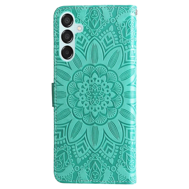 Für Samsung Galaxy M15 5G / F15 5G PU-Leder-Handyhülle mit geprägtem Sonnenblumenmuster, Kartenfach, Ständer und Telefonabdeckung - Grün
