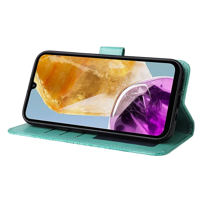 Für Samsung Galaxy M15 5G / F15 5G PU-Leder-Handyhülle mit geprägtem Sonnenblumenmuster, Kartenfach, Ständer und Telefonabdeckung - Grün