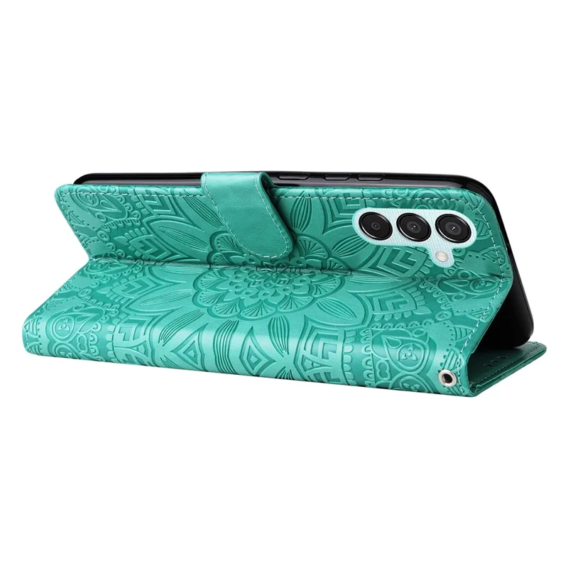Für Samsung Galaxy M15 5G / F15 5G PU-Leder-Handyhülle mit geprägtem Sonnenblumenmuster, Kartenfach, Ständer und Telefonabdeckung - Grün