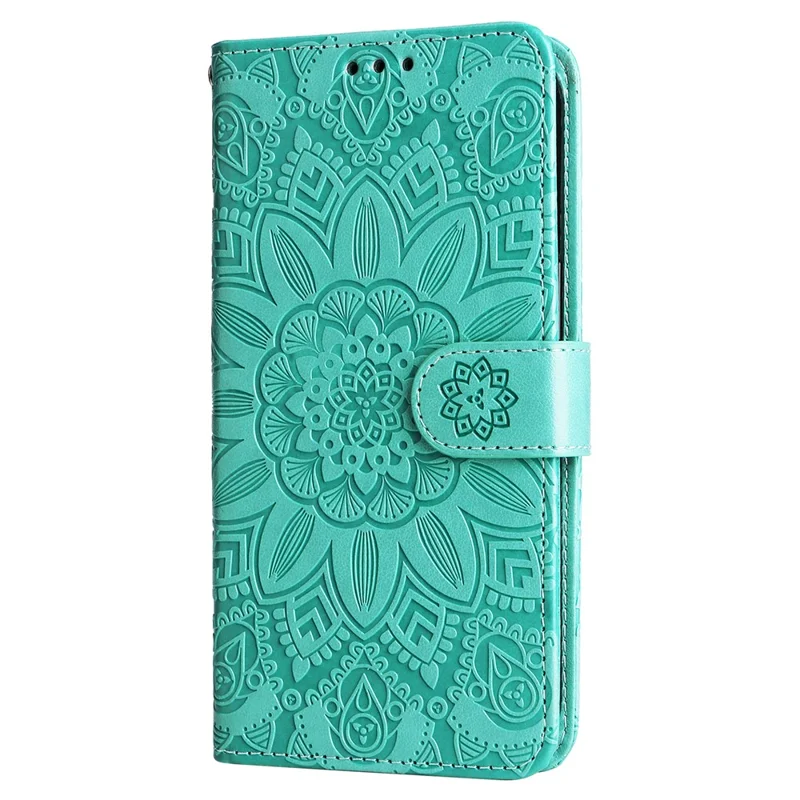 Für Samsung Galaxy M15 5G / F15 5G PU-Leder-Handyhülle mit geprägtem Sonnenblumenmuster, Kartenfach, Ständer und Telefonabdeckung - Grün