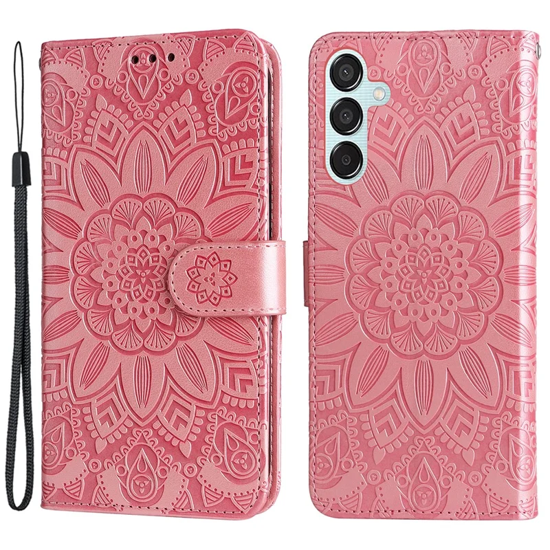 Pour Samsung Galaxy M15 5G / F15 5G Étui en cuir PU Motif tournesol Support pour cartes Étui de téléphone - Rose