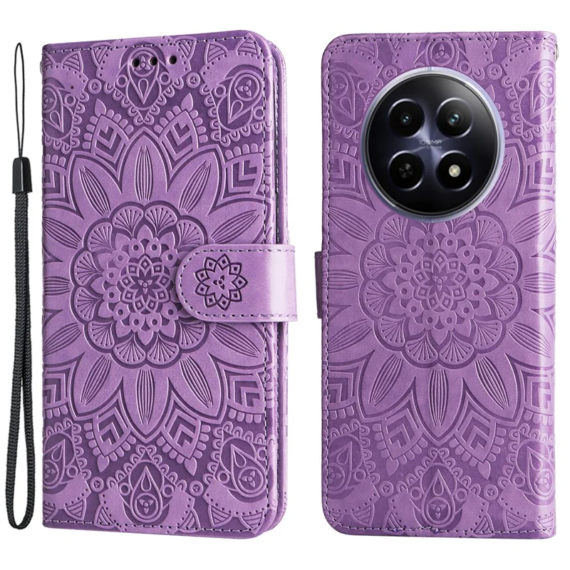 For Realme 12 5G Wallet Feature PU Leather Phone Case Imprinted Sunflower Stand Phone Cover - Purple