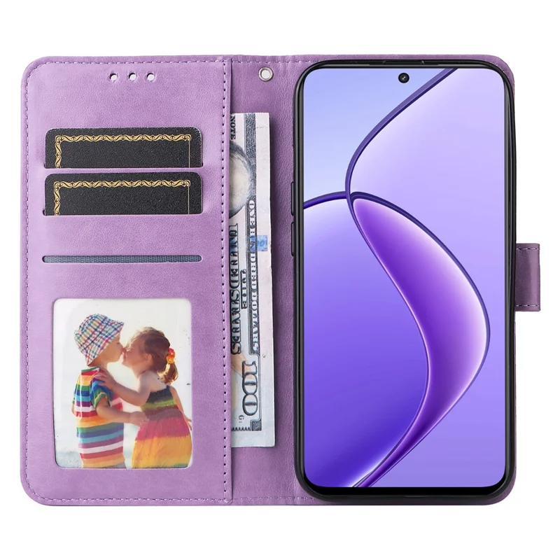 For Realme 12 5G Wallet Feature PU Leather Phone Case Imprinted Sunflower Stand Phone Cover - Purple