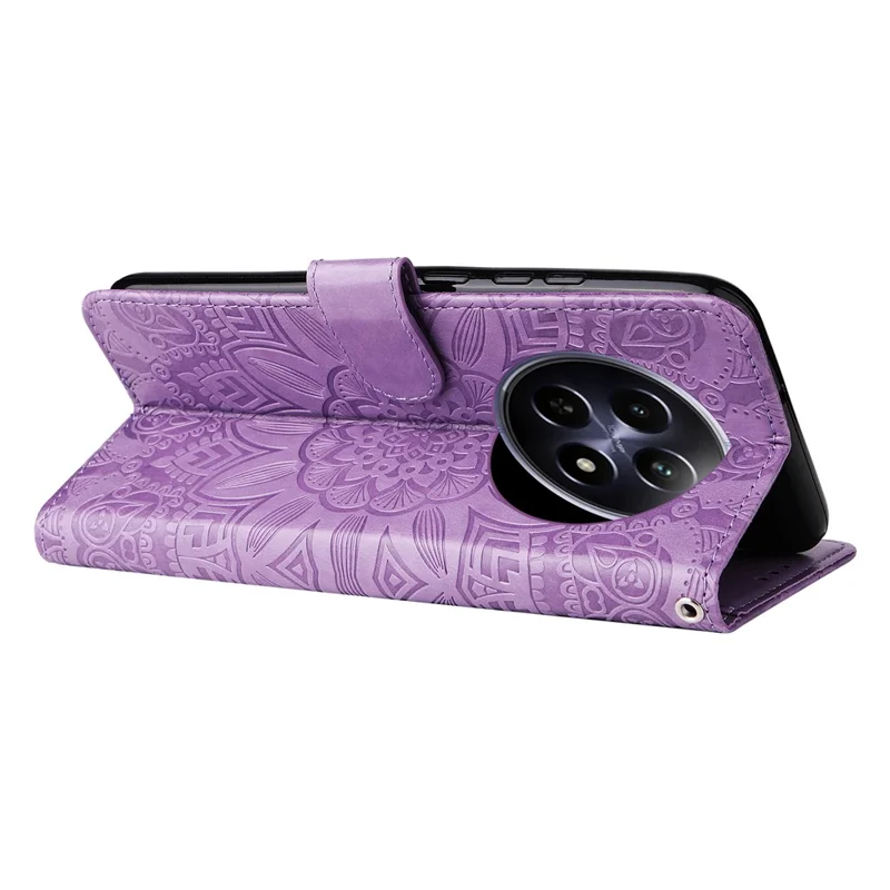 For Realme 12 5G Wallet Feature PU Leather Phone Case Imprinted Sunflower Stand Phone Cover - Purple