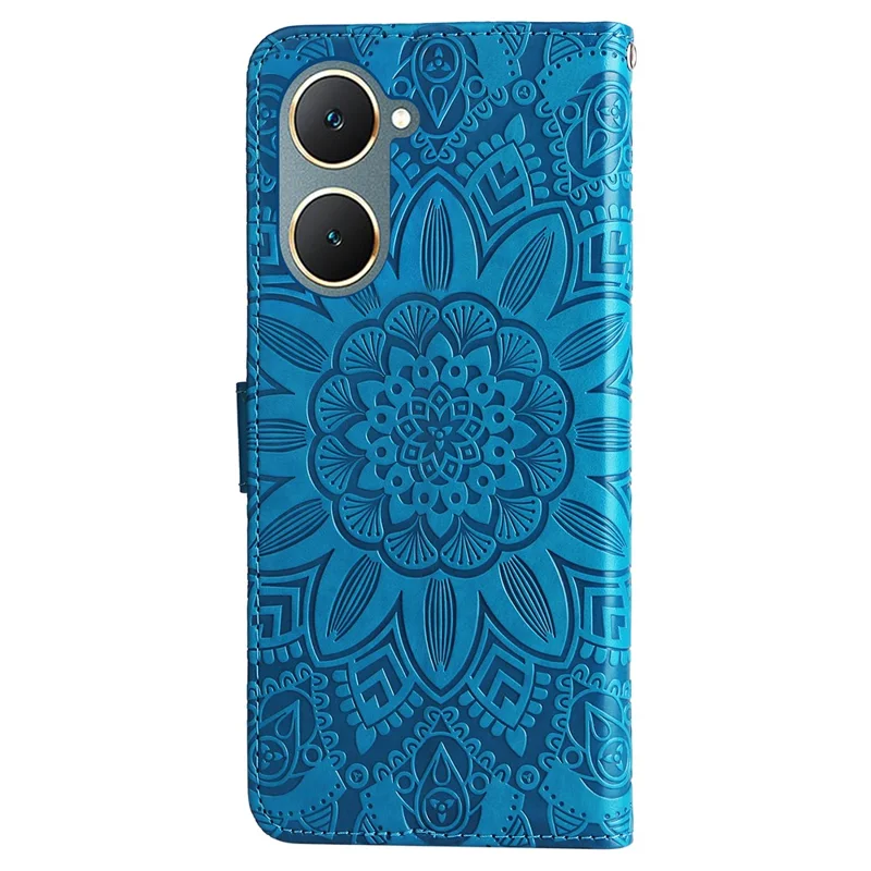 For vivo Y03 PU Leather Phone Shell Imprinted Sunflower Phone Stand Card Holder Cover - Blue