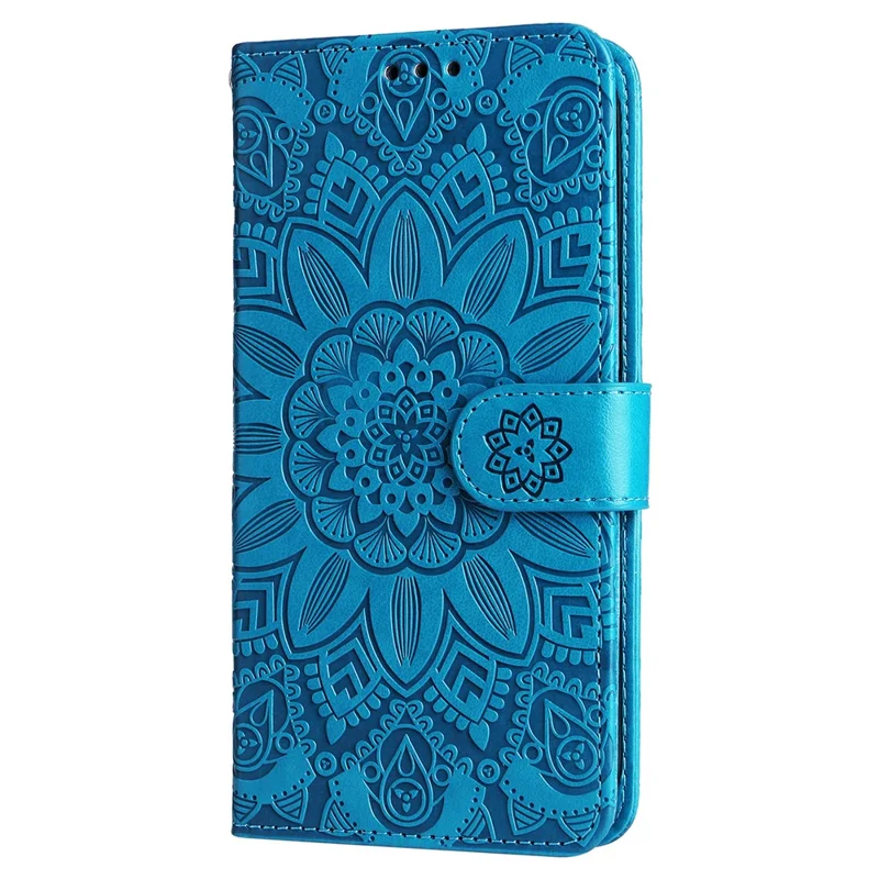 For vivo Y03 PU Leather Phone Shell Imprinted Sunflower Phone Stand Card Holder Cover - Blue