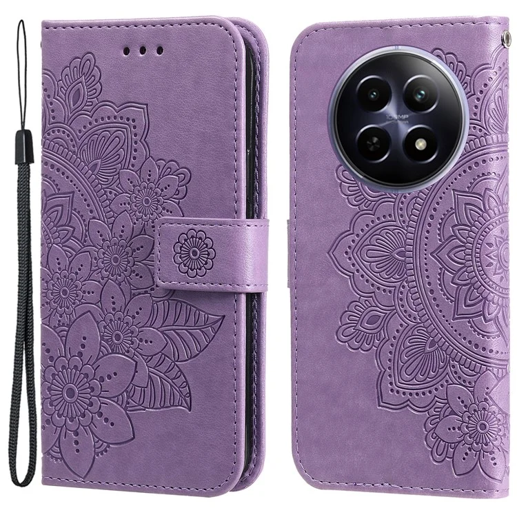 For Realme 12 5G Case Floral Pattern PU Leather Wallet Stand Phone Cover - Purple
