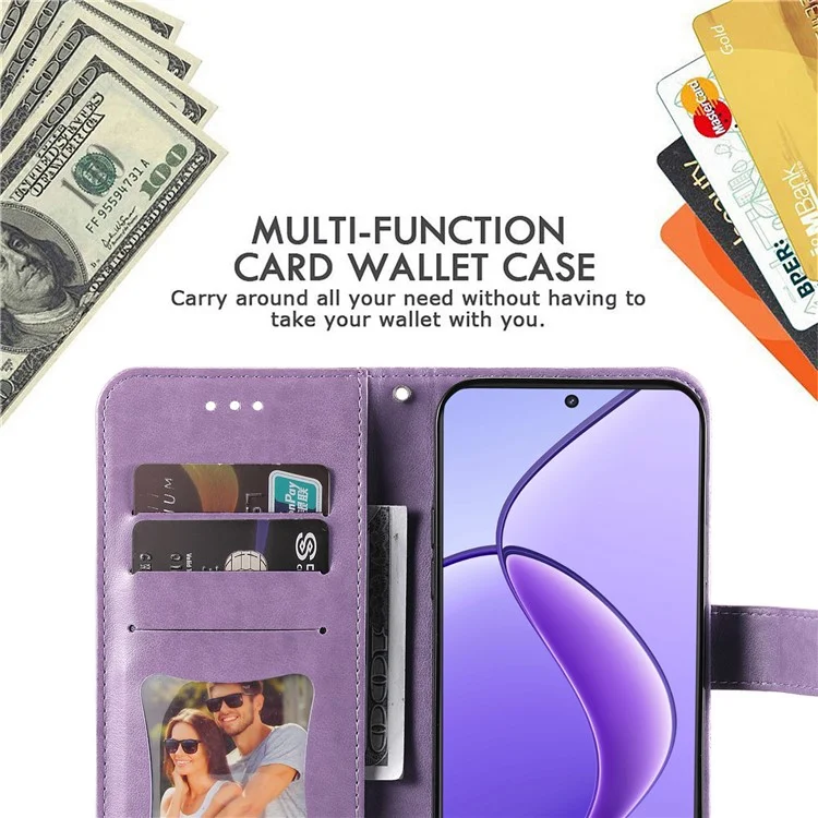 For Realme 12 5G Case Floral Pattern PU Leather Wallet Stand Phone Cover - Purple
