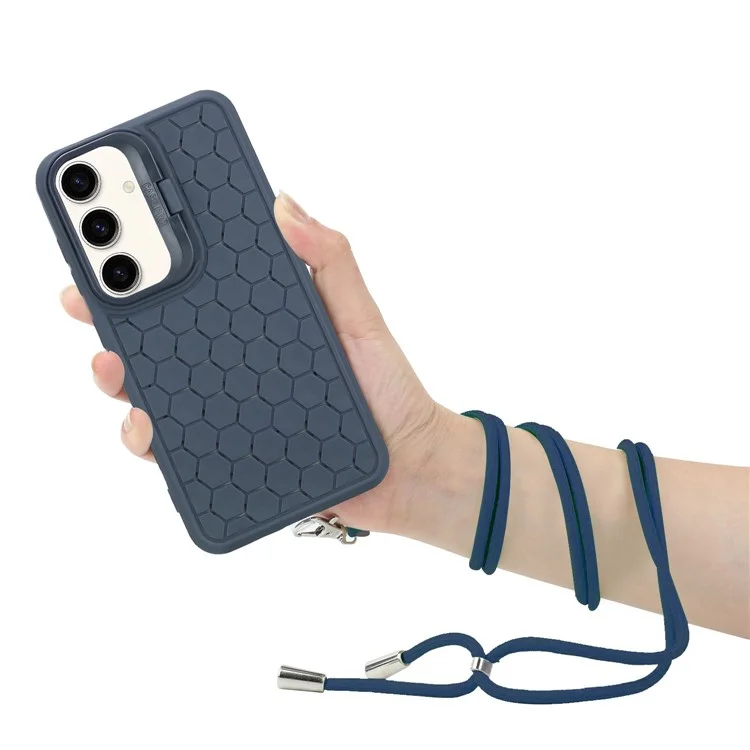For Samsung Galaxy A55 5G Case Kickstand Magnetic TPU Phone Cover with Lanyard Heat Dissipation - Dark Blue