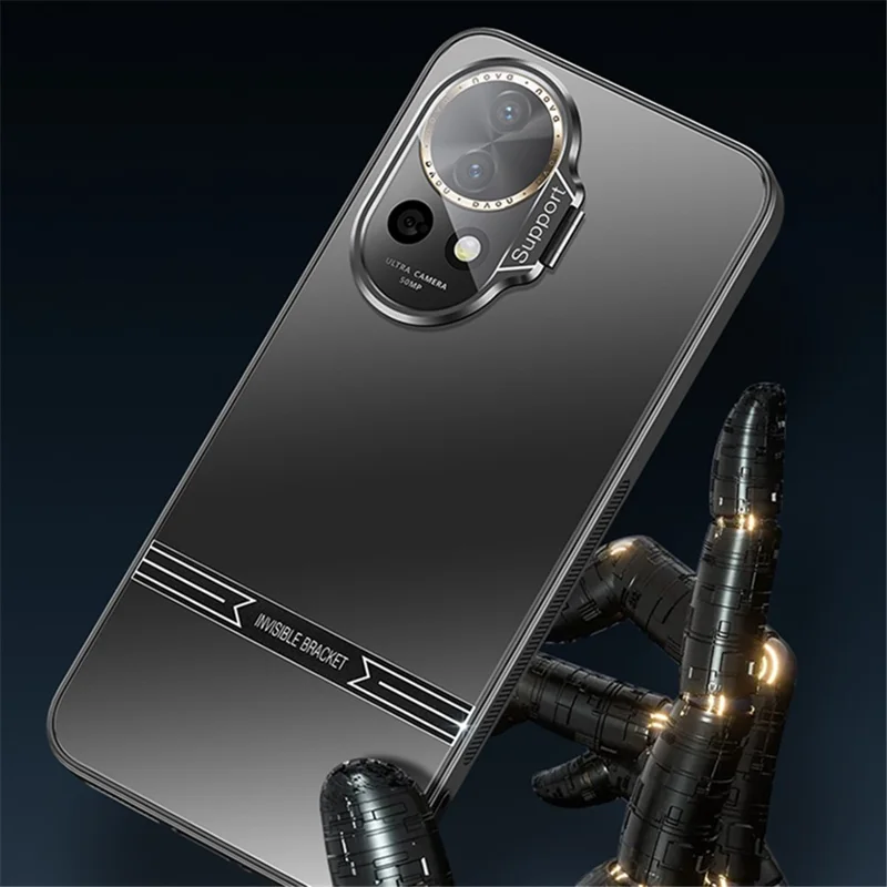 Kickstand Phone Case for Huawei nova 12 5G Matte PC+TPU Shell with Tempered Glass Lens Cover - Black