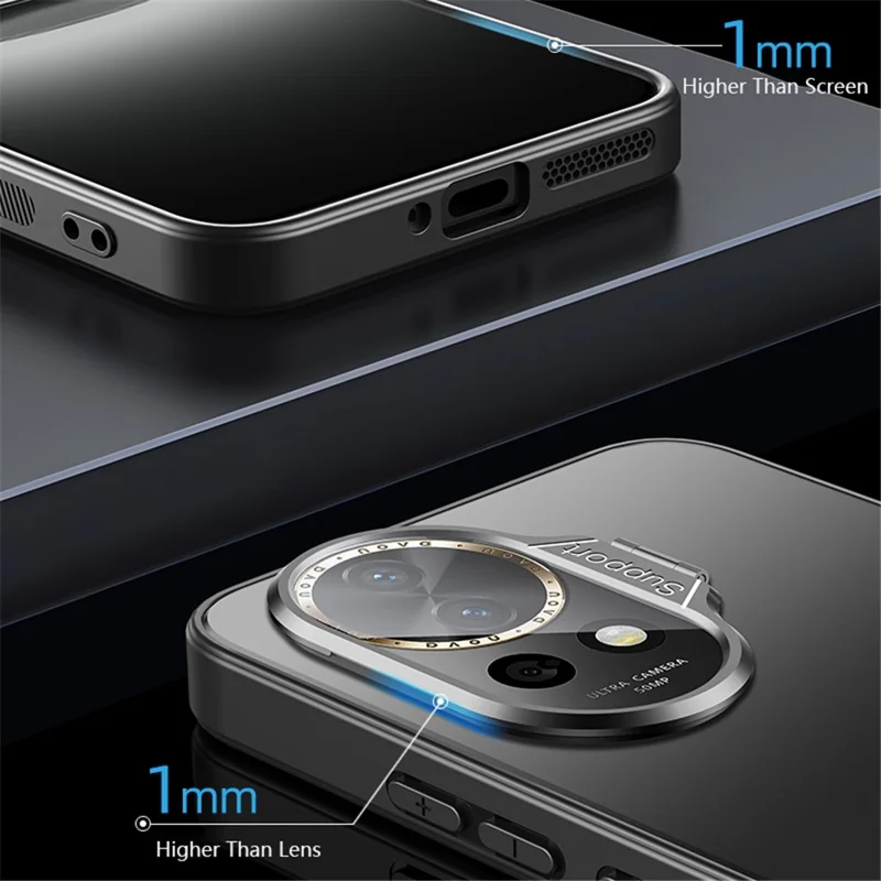 Kickstand Phone Case for Huawei nova 12 5G Matte PC+TPU Shell with Tempered Glass Lens Cover - Black