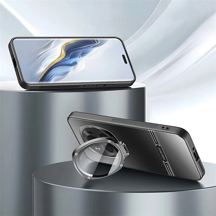 For Honor Magic6 5G Metal Lens Frame Kickstand Matte PC+TPU Phone Cover with Lens Film - Black