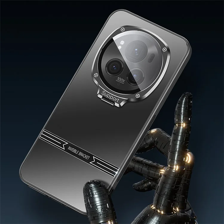 For Honor Magic6 5G Metal Lens Frame Kickstand Matte PC+TPU Phone Cover with Lens Film - Black