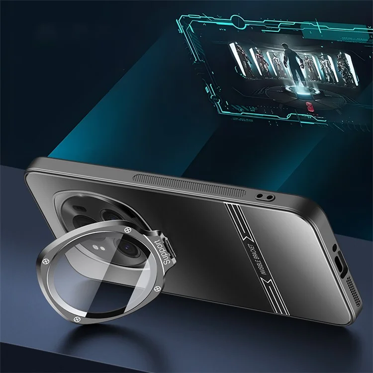 For Honor Magic6 5G Metal Lens Frame Kickstand Matte PC+TPU Phone Cover with Lens Film - Black