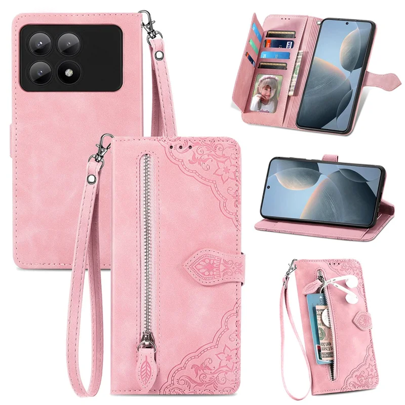 Pour Xiaomi Redmi K70E 5G / Poco X6 Pro 5G Étui en cuir Flip Phone Case Wallet Stand Zipper Design - Rose