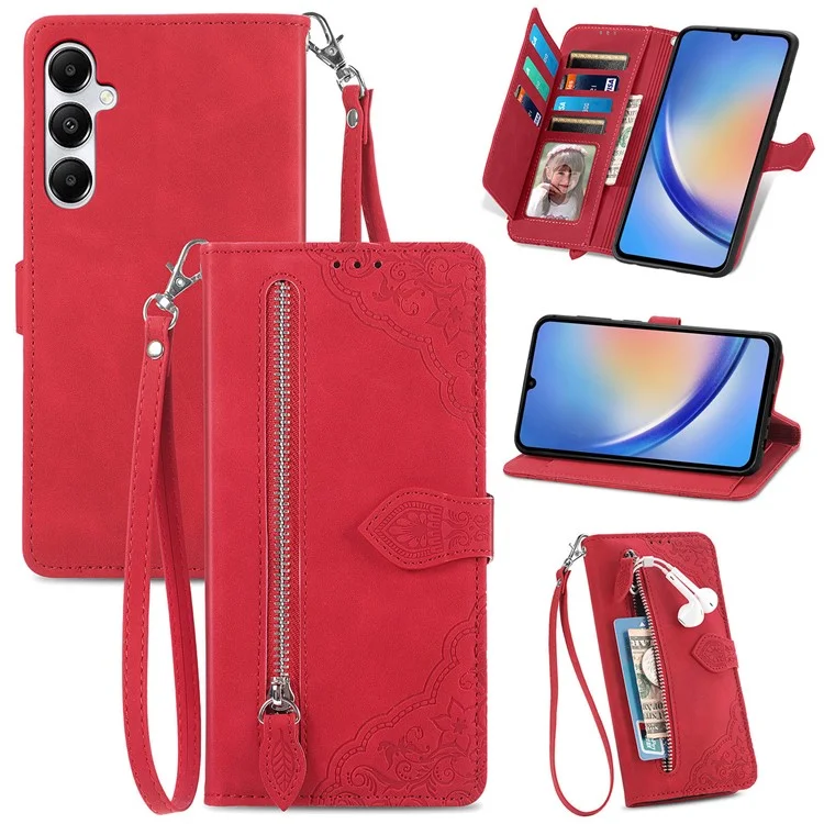 Per Samsung Galaxy A15 4G / A15 5G Custodia Fiore Stampato Anti-Drop Flip Phone Cover in Pelle - Rosso