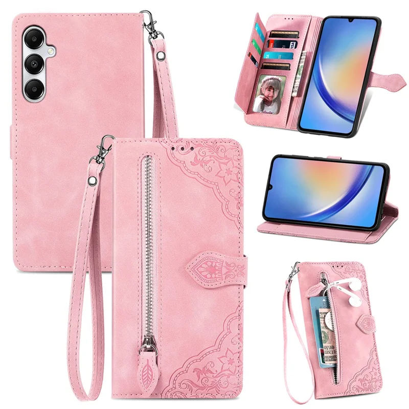 For Samsung Galaxy A15 4G / A15 5G Zipper Wallet Case with Strap Flower Imprint PU Leather Phone Cover - Pink