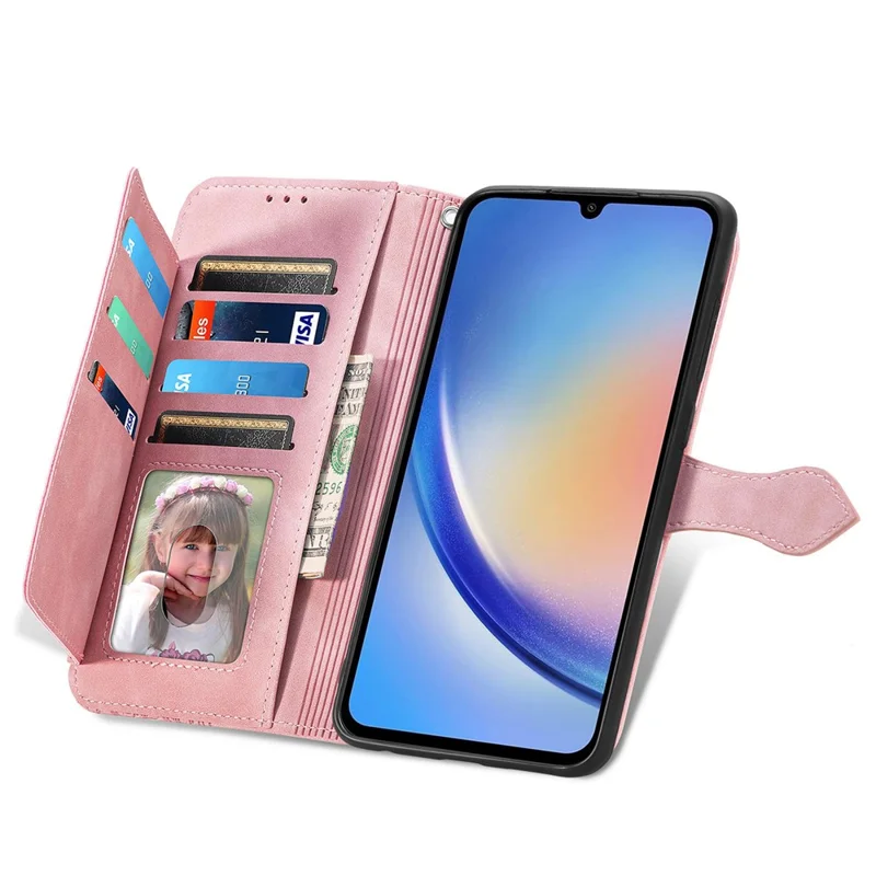 For Samsung Galaxy A15 4G / A15 5G Zipper Wallet Case with Strap Flower Imprint PU Leather Phone Cover - Pink