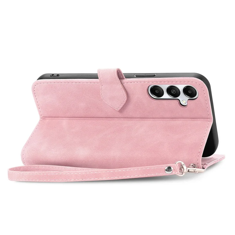 For Samsung Galaxy A15 4G / A15 5G Zipper Wallet Case with Strap Flower Imprint PU Leather Phone Cover - Pink