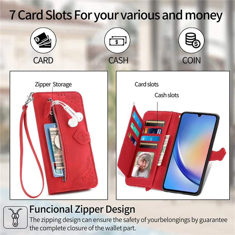 For Samsung Galaxy A15 4G / A15 5G Zipper Wallet Case with Strap Flower Imprint PU Leather Phone Cover - Pink