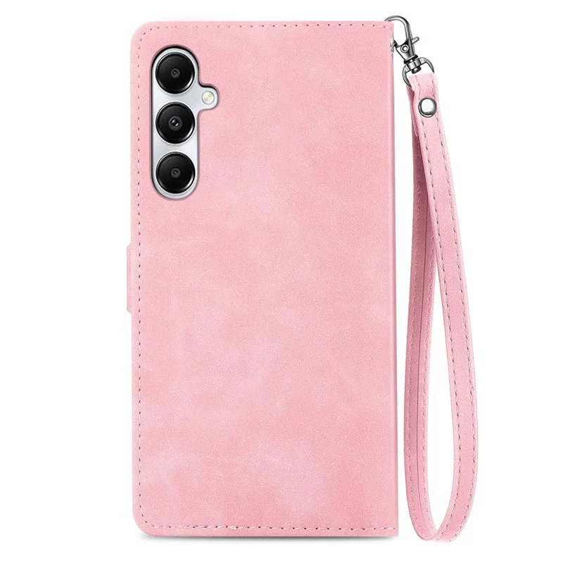 For Samsung Galaxy A15 4G / A15 5G Zipper Wallet Case with Strap Flower Imprint PU Leather Phone Cover - Pink