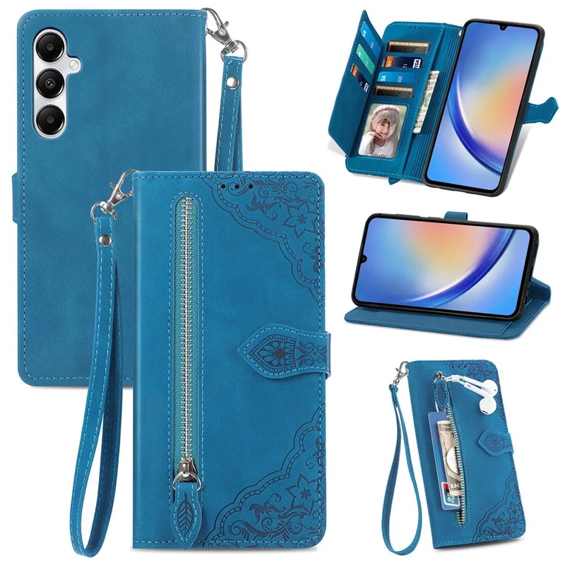 For Samsung Galaxy A15 4G / A15 5G Zipper Wallet Case with Strap Flower Imprint PU Leather Phone Cover - Blue