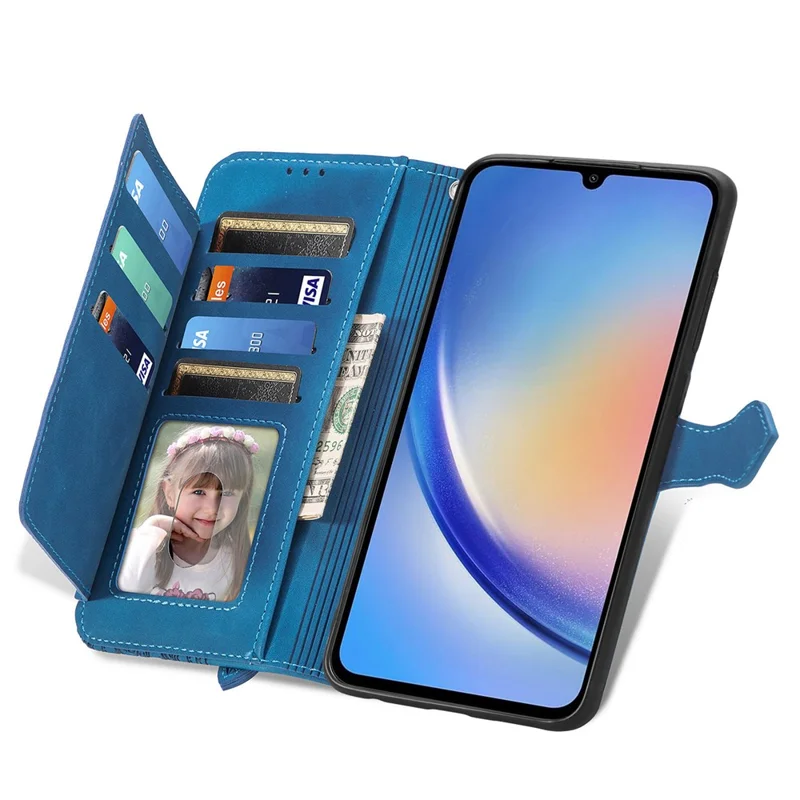 For Samsung Galaxy A15 4G / A15 5G Zipper Wallet Case with Strap Flower Imprint PU Leather Phone Cover - Blue