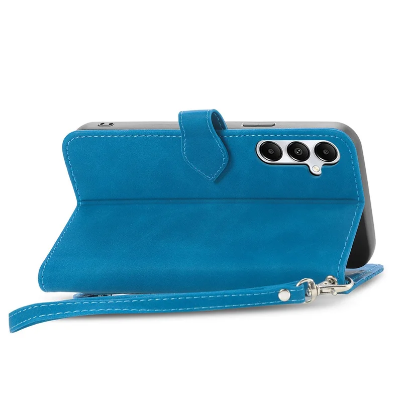 For Samsung Galaxy A15 4G / A15 5G Zipper Wallet Case with Strap Flower Imprint PU Leather Phone Cover - Blue