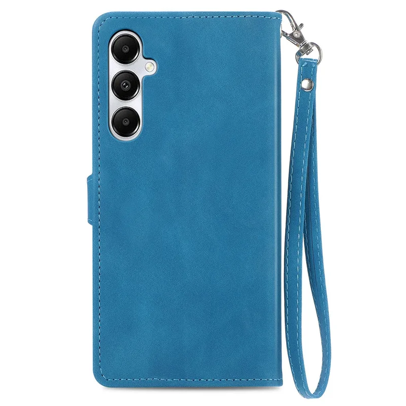 For Samsung Galaxy A15 4G / A15 5G Zipper Wallet Case with Strap Flower Imprint PU Leather Phone Cover - Blue