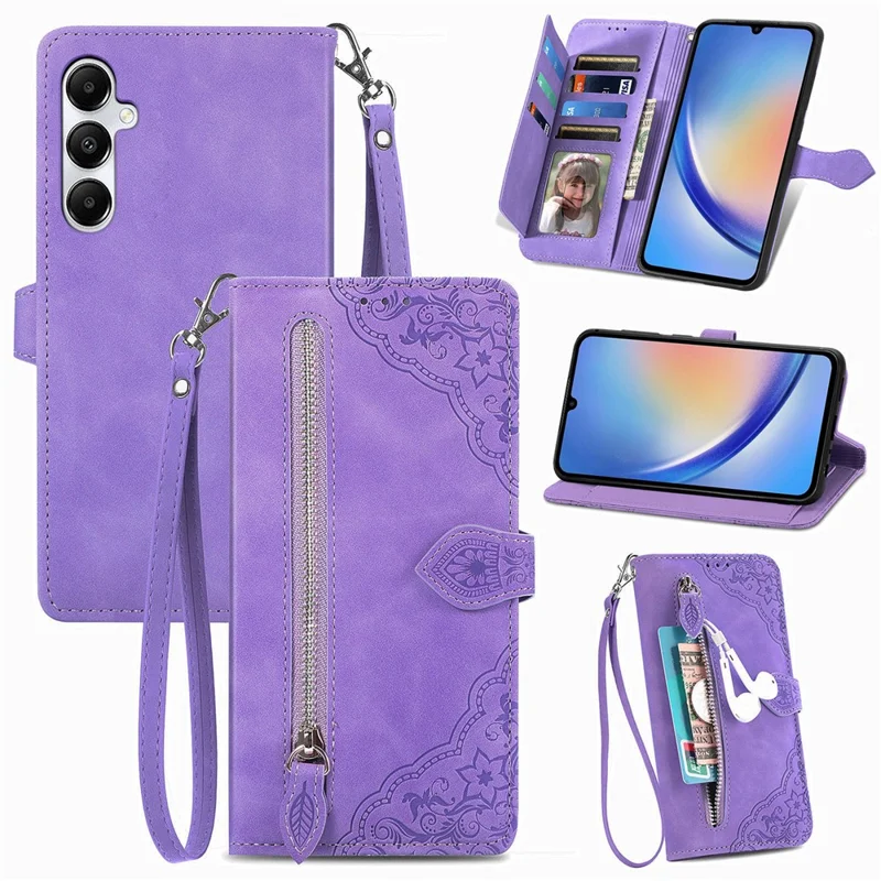 Pour Samsung Galaxy A15 4G / A15 5G Étui Fleur Imprimée Anti-Drop Cuir Rabat Couverture Téléphone - Violet Clair