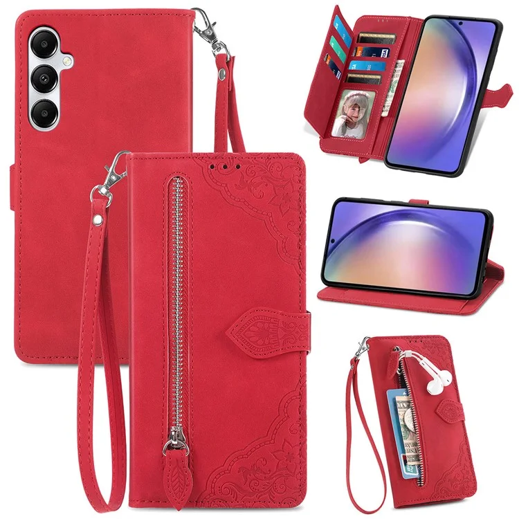 Para el caso del Samsung Galaxy A35 5G PU Leather Stand Zipper Pocket Phone Cover con Muñequera - Rojo